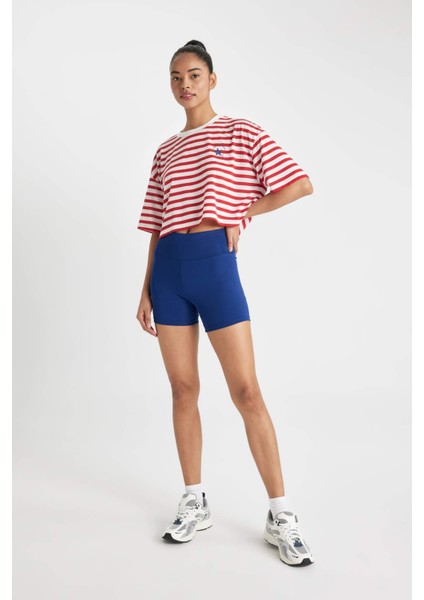 Fit Crop Bisiklet Yaka Çizgili Sporcu Kısa Kollu Tişört C5823AX24SM