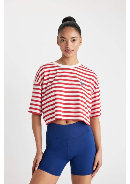 Fit Crop Bisiklet Yaka Çizgili Sporcu Kısa Kollu Tişört C5823AX24SM