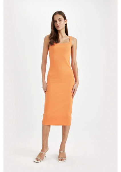 Bodycon Vücuda Oturan Basic Düz Kare Yaka Fitilli Kaşkorse Kolsuz Midi Elbise Z7577AZ24SM