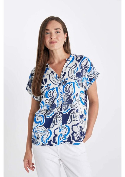 Regular Fit Bisiklet Yaka Desenli Kısa Kollu Gömlek I6173AZ24SM