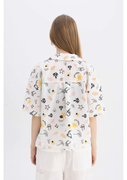 Coool %100 Pamuk Oversize Pijama Yaka Desenli Kısa Kollu Gömlek A6863AX24SM