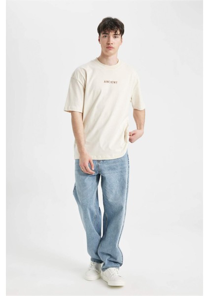 Oversize Fit Sırt Baskılı Bisiklet Yaka Kısa Kollu Tişört C7155AX24SM