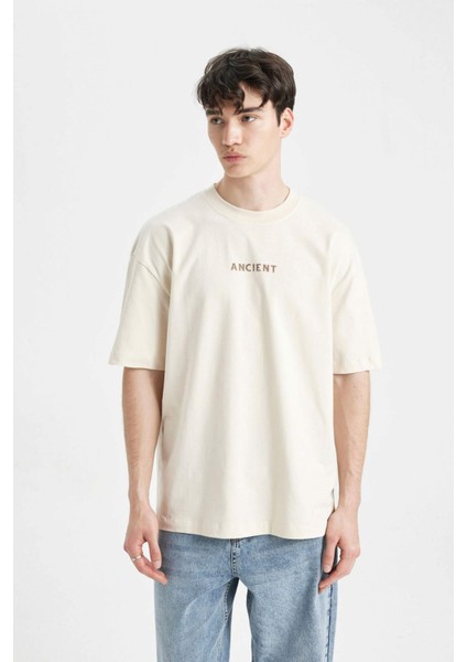 Oversize Fit Sırt Baskılı Bisiklet Yaka Kısa Kollu Tişört C7155AX24SM
