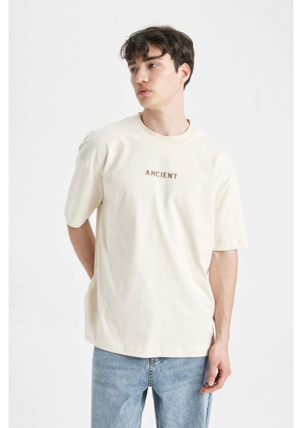 Oversize Fit Sırt Baskılı Bisiklet Yaka Kısa Kollu Tişört C7155AX24SM