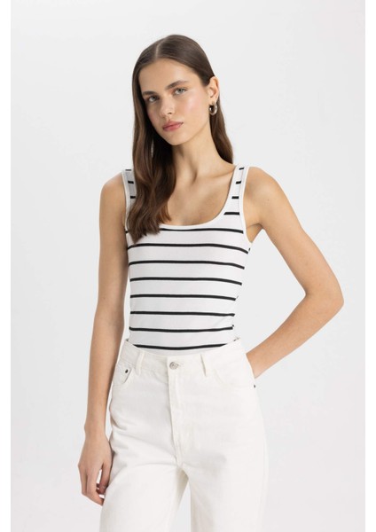 Slim Fit Dar Kesim Çizgili Bisiklet Yaka Ribana Atlet C6610AX24SM