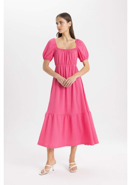 Kare Yaka Basic Düz Bürümcük Kısa Kollu Midi Pembe Elbise A6201AX24SM modelleri