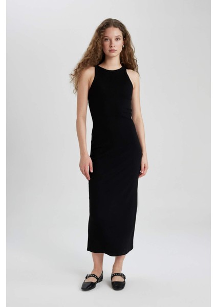 Bodycon Halter Yaka Fitilli Kaşkorse Maxi Kolsuz Elbise A4828AX24SM