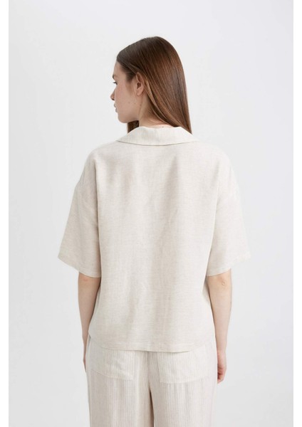 Oversize Geniş Kalıp Pijama Yaka Keten Karışımlı Kısa Kollu Gömlek U2927AZ24SM