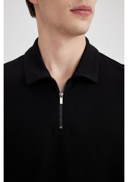 Regular Fit Polo Yaka Yarım Fermuarlı Kısa Kollu Pilise Siyah Tişört B7355AX24SP