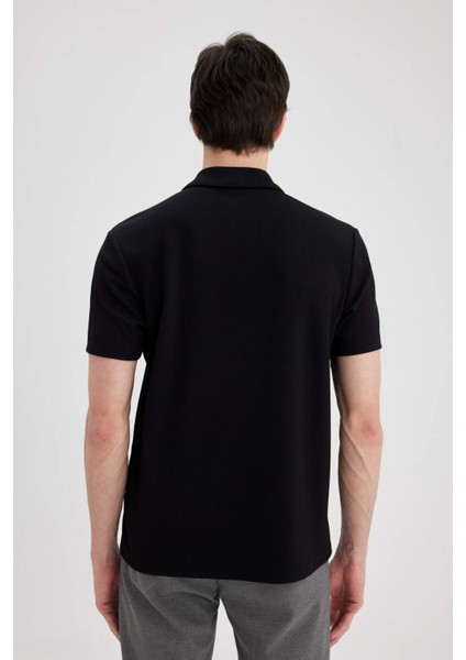Regular Fit Polo Yaka Yarım Fermuarlı Kısa Kollu Pilise Siyah Tişört B7355AX24SP