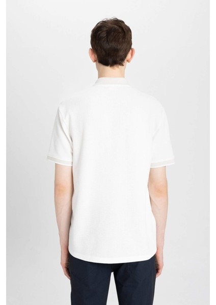 New Regular Fit Polo Yaka Waffle Kısa Kollu Basic Düz Beyaz Tişört B4508AX24SP