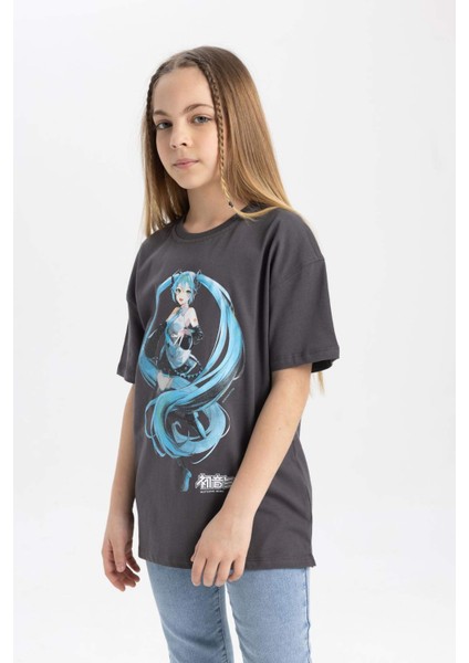 Kız Çocuk Hatsune Miku Oversize Geniş Kalıp Bisiklet Yaka Kısa Kollu Tişört C1207A824SM