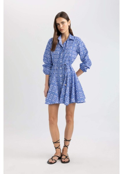 Gömlek Yaka Desenli Uzun Kollu Poplin Mini Elbise Z7469AZ24SP