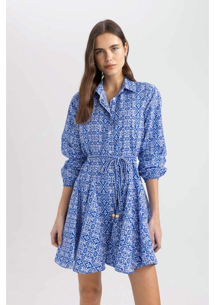 Gömlek Yaka Desenli Uzun Kollu Poplin Mini Elbise Z7469AZ24SP