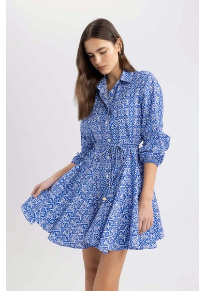 Gömlek Yaka Desenli Uzun Kollu Poplin Mini Elbise Z7469AZ24SP
