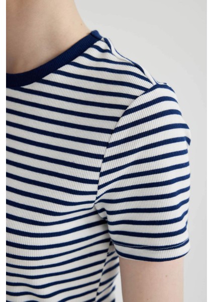 Bodycon Vücudu Saran Bisiklet Yaka Çizgili Fitilli Kaşkorse Kısa Kollu Mini Elbise C1733AX24SP
