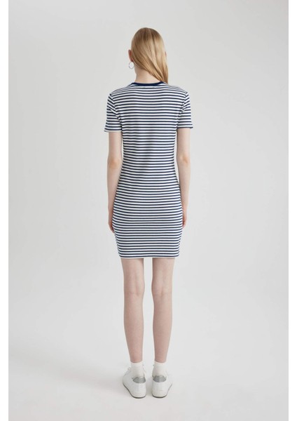 Bodycon Vücudu Saran Bisiklet Yaka Çizgili Fitilli Kaşkorse Kısa Kollu Mini Elbise C1733AX24SP