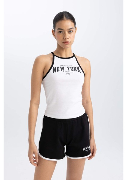 Fit Crop Bisiklet Yaka Baskılı Ribana Atlet B8972AX24SM