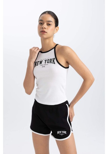 Fit Crop Bisiklet Yaka Baskılı Ribana Atlet B8972AX24SM