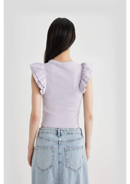 Slim Fit Dar Kesim Bisiklet Yaka Fitilli Kaşkorse Kısa Kollu Tişört X5562AZ24SP