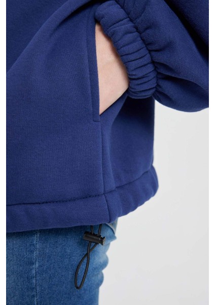 Oversize Geniş Kalıp Yarım Fermuarlı Nakışlı Kalın Sweatshirt C4581AX24SM