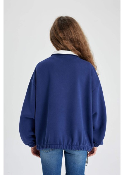 Oversize Geniş Kalıp Yarım Fermuarlı Nakışlı Kalın Sweatshirt C4581AX24SM