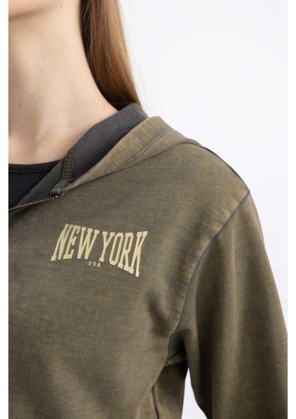 Coool Crop Kapüşonlu Baskılı Soluk Yıkama Efektli Kalın Fermuarlı Sweatshirt C4475AX24SP