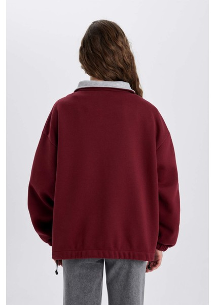 Oversize Geniş Kalıp Yarım Fermuarlı Nakışlı Kalın Sweatshirt C4581AX24SM
