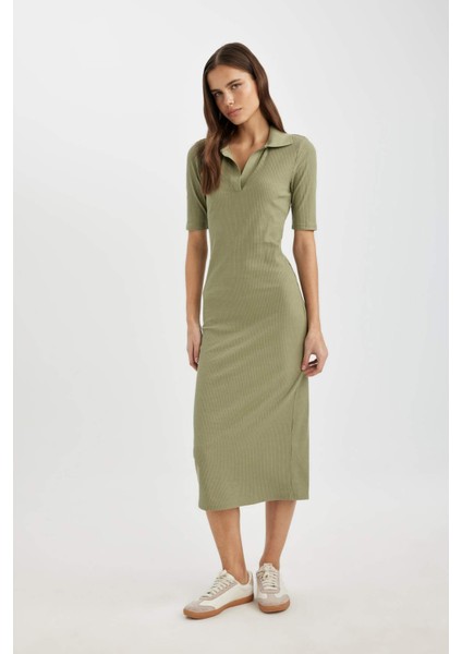 Bodycon Polo Yaka Vücuda Oturan Basic Düz Fitilli Kaşkorse Kısa Kollu Midi Elbise A2096AX24SP