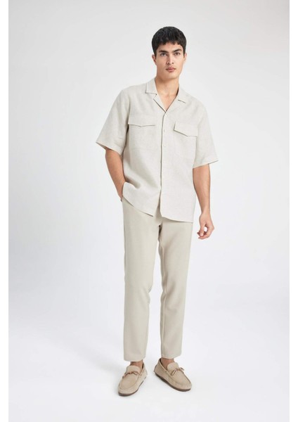 %100 Keten Relax Fit Polo Yaka Yazlık Basic Düz Kısa Kollu Gömlek B6687AX24SP