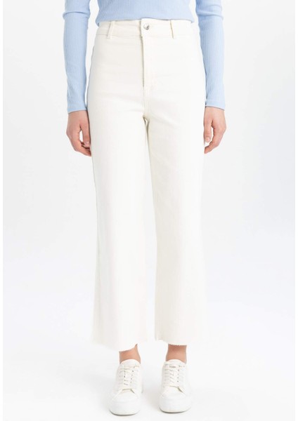 Culotte Yüksek Bel Paça Ucu Kesik Bilek Boy Beyaz Jean Pantolon B5012AX24SM