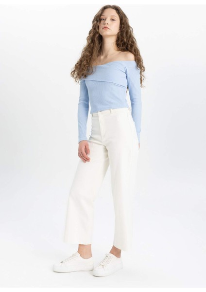 Culotte Yüksek Bel Paça Ucu Kesik Bilek Boy Beyaz Jean Pantolon B5012AX24SM fırsatları