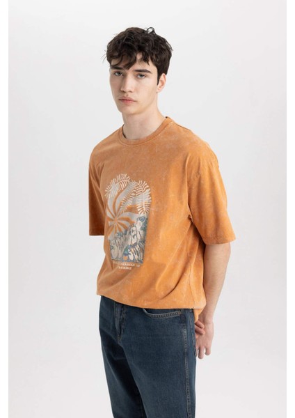 Comfort Fit Bisiklet Yaka Baskılı Yıkamalı Soluk Efektli Kısa Kollu Tişört B8493AX24SM