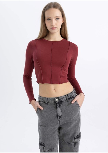 Coool Fitted Bisiklet Yaka Basic Düz Crop Uzun Kollu Tişört C4469AX24SP