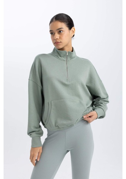 Fit Crop Dik Yaka Etek Ucu Lastikli Basic Düz Sporcu Sweatshirt C3747AX24SP