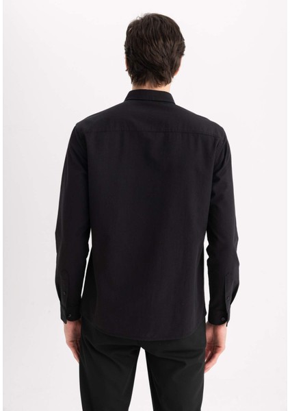 %100 Pamuk Regular Fit Polo Yaka Oxford Basic Düz Uzun Kollu Siyah Gömlek A8028AX24SP