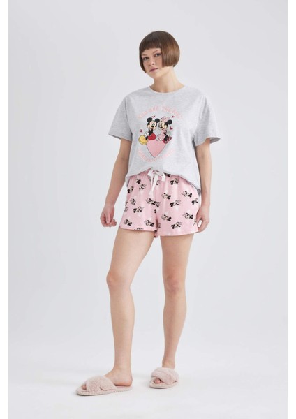 Fall in Love Disney Mickey & Minnie Kısa Kollu Şortlu Pijama Takımı B3650AX24SP