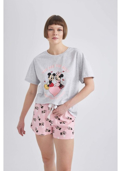 Fall in Love Disney Mickey & Minnie Kısa Kollu Şortlu Pijama Takımı B3650AX24SP