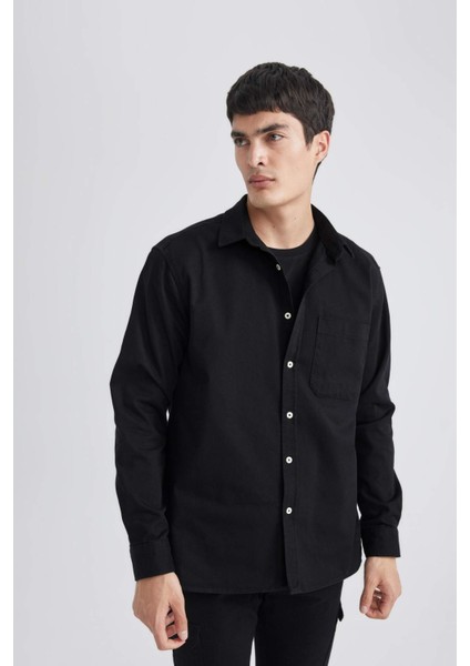 %100 Pamuk Relax Fit Polo Yaka Gabardin Uzun Kollu Siyah Gömlek C1477AX24SP