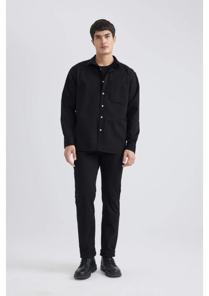 %100 Pamuk Relax Fit Polo Yaka Gabardin Uzun Kollu Siyah Gömlek C1477AX24SP