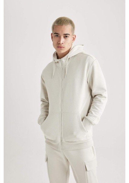 Regular Fit Kapüşonlu İçi Yumuşak Tüylü Cepli Basic Düz Fermuarlı Sweatshirt X8331AZ24SP