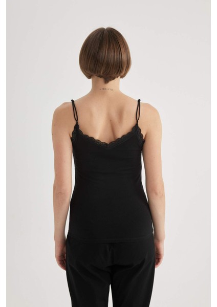 Regular Fit Dantel Detaylı İnce Askılı Pamuklu Siyah İç Atlet-Fall in Love Y5360AZ24SP