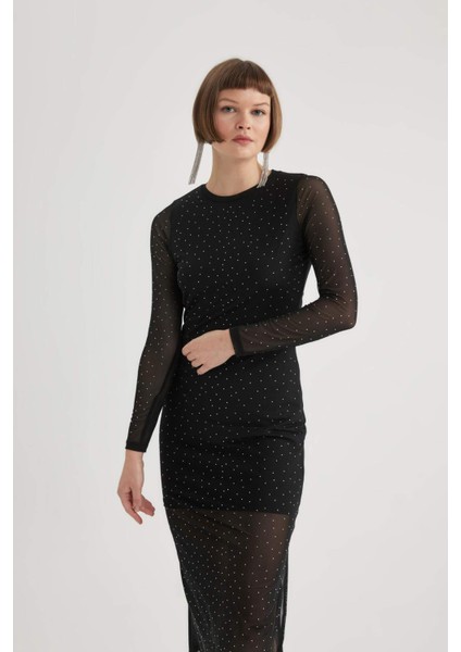 Bodycon Yuvarlak Yaka Tül Uzun Kollu Midi Elbise B6640AX23WN