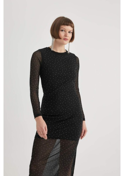 Bodycon Yuvarlak Yaka Tül Uzun Kollu Midi Elbise B6640AX23WN