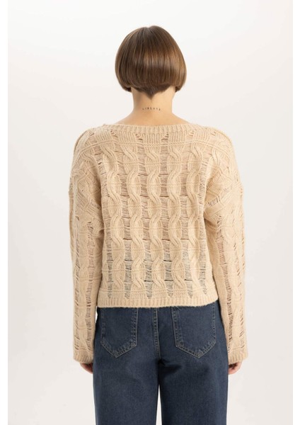 Relax Fit Bisiklet Yaka Ajur Triko Kazak