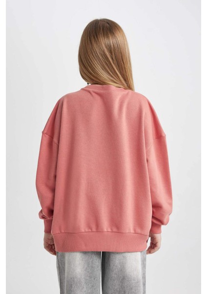 Kız Çocuk Oversize Geniş Kalıp Bisiklet Yaka Baskılı Sweatshirt C0571A824SP