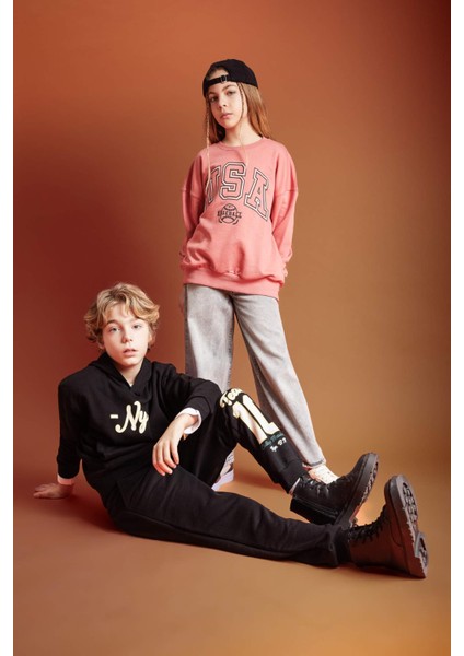 Kız Çocuk Oversize Geniş Kalıp Bisiklet Yaka Baskılı Sweatshirt C0571A824SP