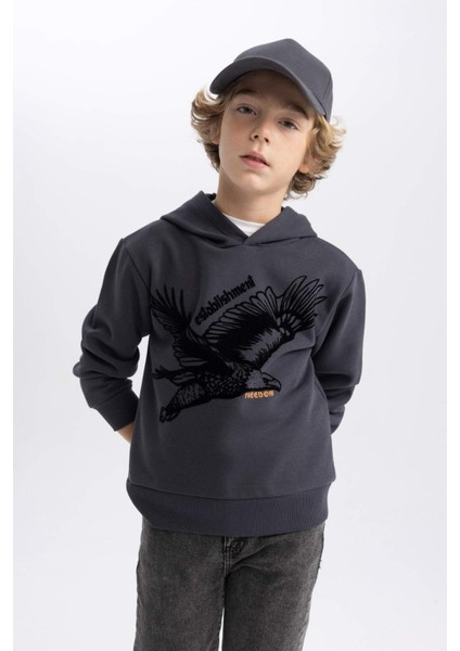 Erkek Çocuk Baskılı Kapüşonlu Kalın Sweatshirt B6316A823CW