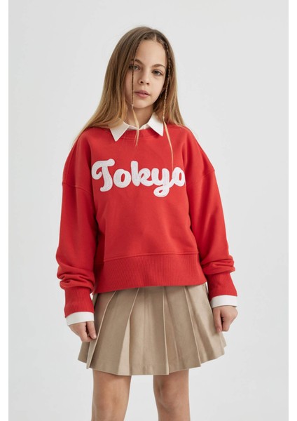 Kız Çocuk Crop Bisiklet Yaka Baskılı Sweatshirt B9934A824SP