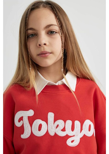 Kız Çocuk Crop Bisiklet Yaka Baskılı Sweatshirt B9934A824SP